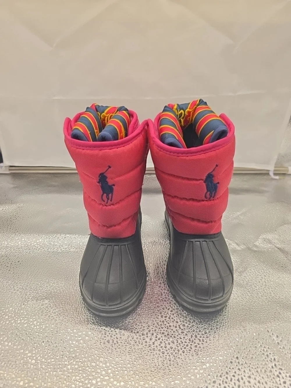 Ralph Lauren Pink Quilted Snow Boots Navy Polo Logo Winter Ski Kids 7T